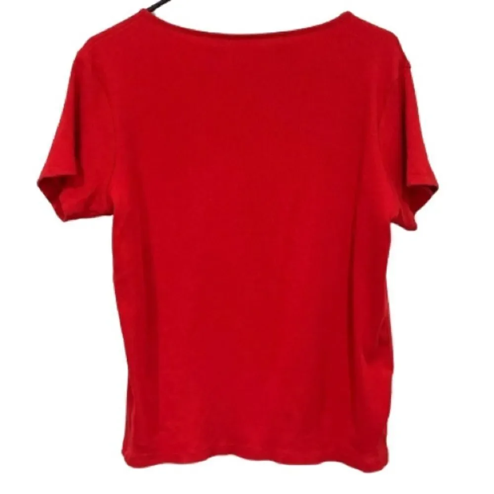 St. John’s Bay Red Ribbed V-Neck Short Sleeve Top Cotton Stretch — Size M